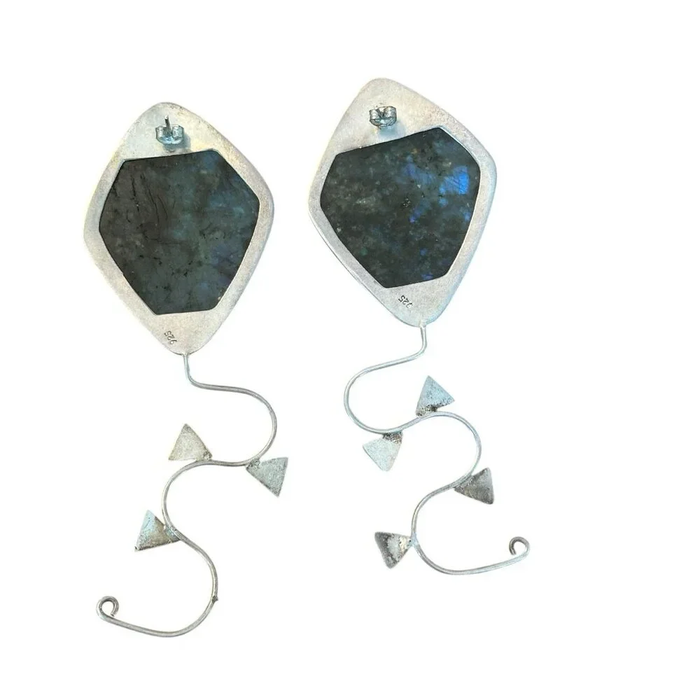 Vintage Sterling Silver 925 Labradorite Dangle‎ Earrings Modern Artisan 33.76g